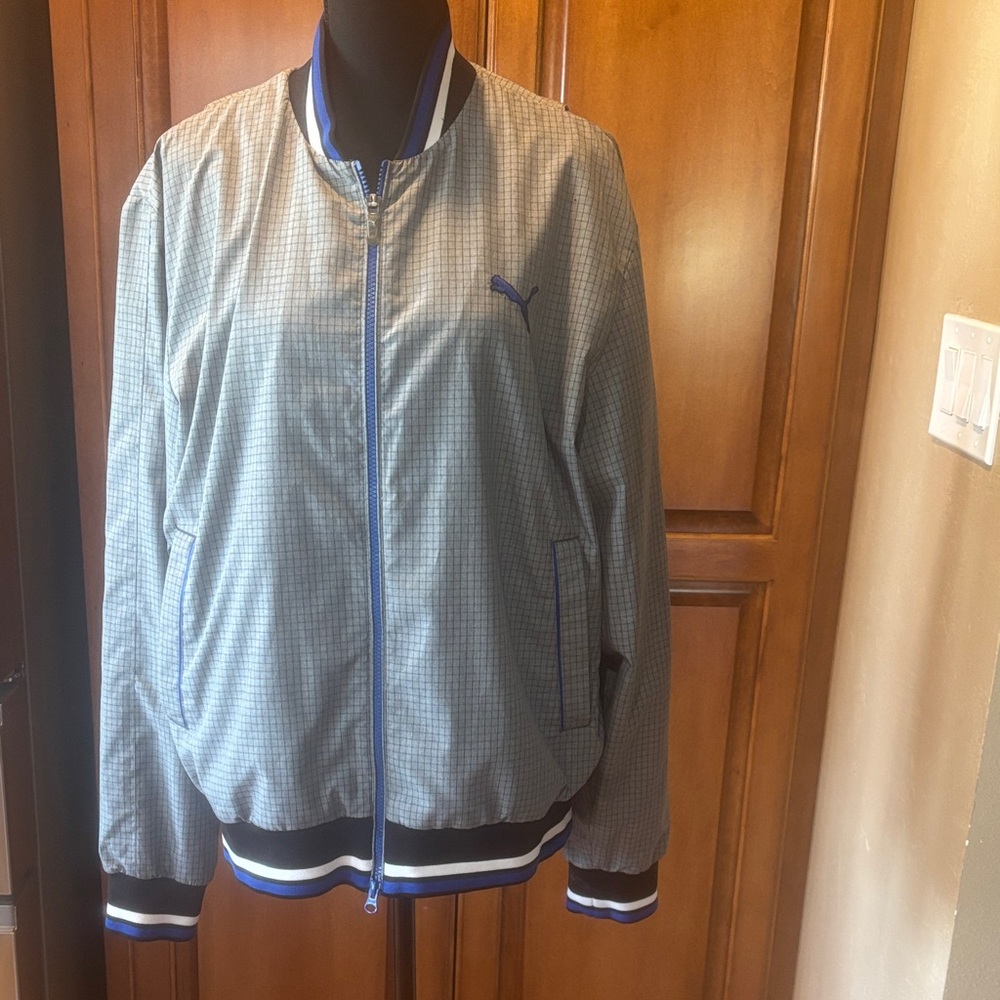 Puma Men's Gray and Blue Check Bomber Jacket